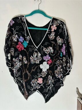 Vintage 80s Beaded Sequined Batwing Gatsby Style Top Frank Usher London